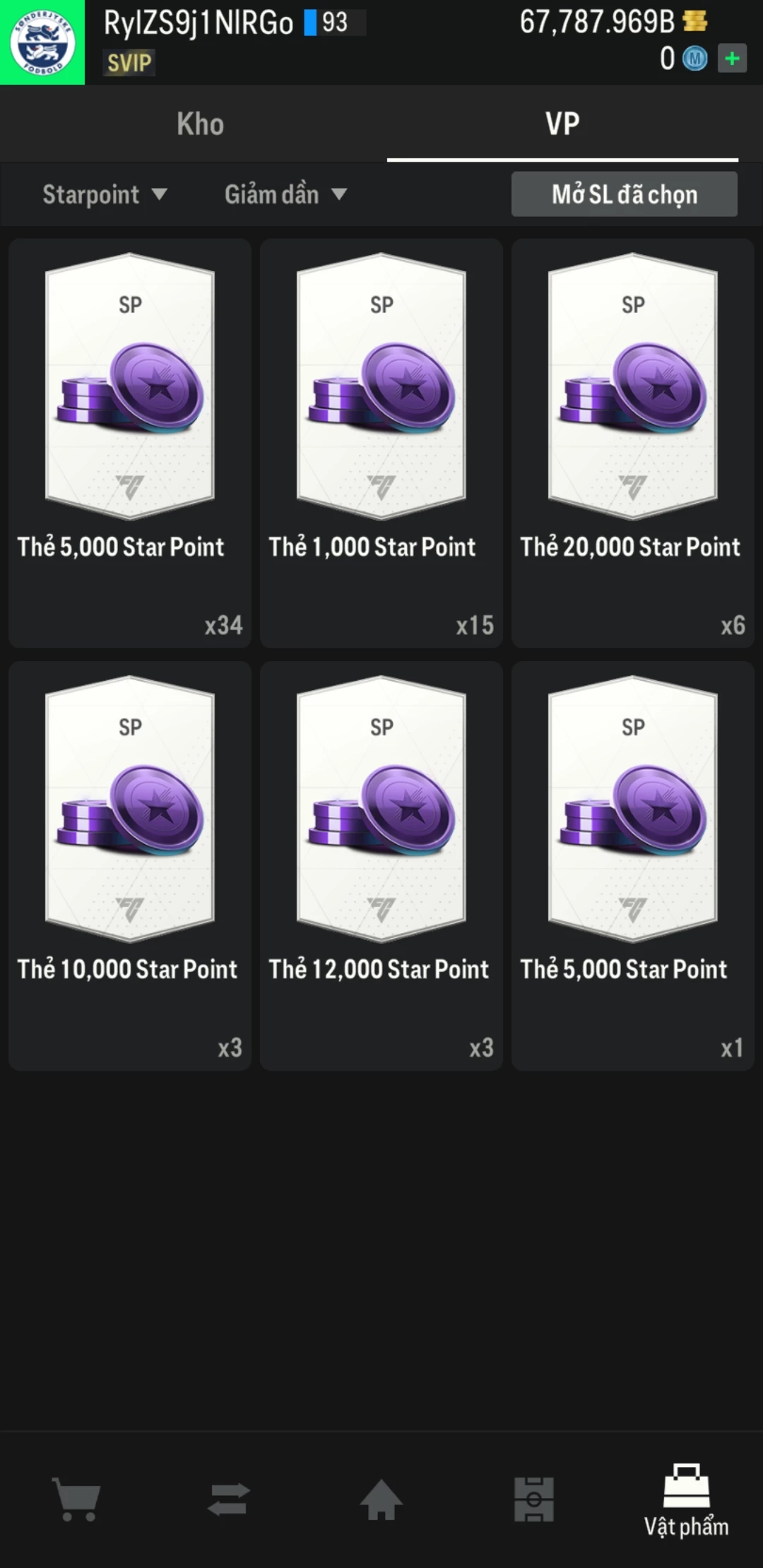 Ảnh ACC mở thẻ (LOẠI SVIP PROMAX) bao gồm 1 gói thẻ +12, thẻ PRIME và 1000+ thẻ cầu thủ từ Siêu sao đến Miền núi các loại. Có sẵn BP trắng trong acc từ 57.000 tỷ BP đến 67.000 tỷ BP, kèm theo nhiều ngày SVIP